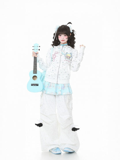 Jacket Print Vintage Star White Cartoon Y2K And Hooded