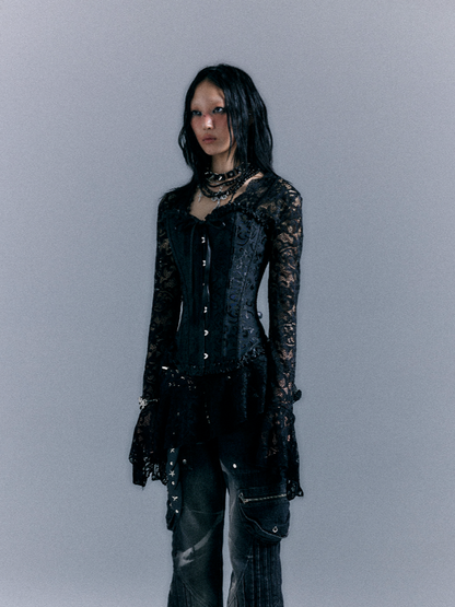 A-Linien-Minikleid mit Glockenärmeln, schwarze, halbtransparente Punk-Spitze