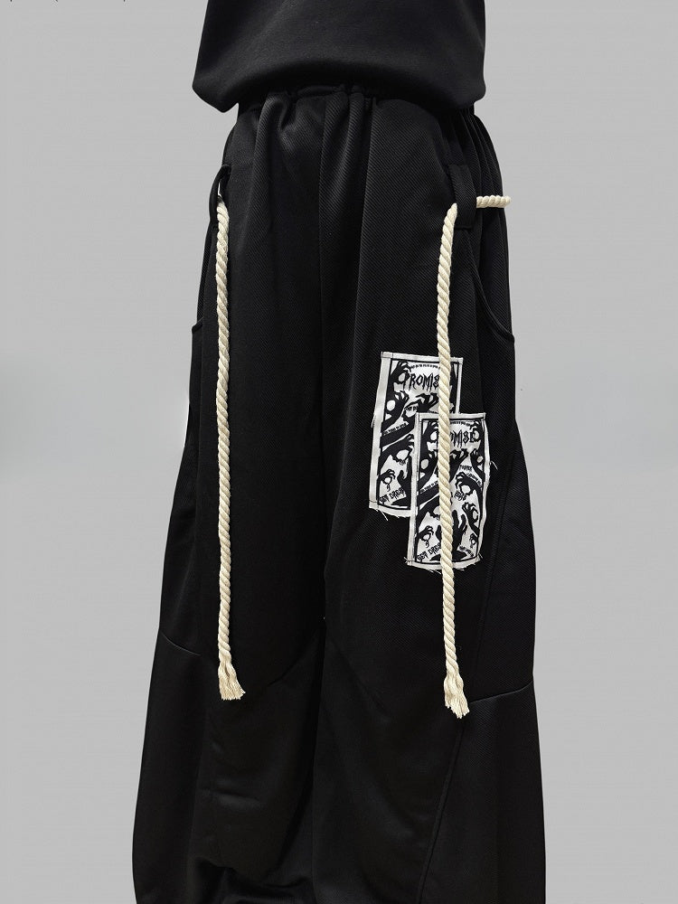 Accessory Applique Wide-leg Strap Pants Black Cut with Hand Y2K