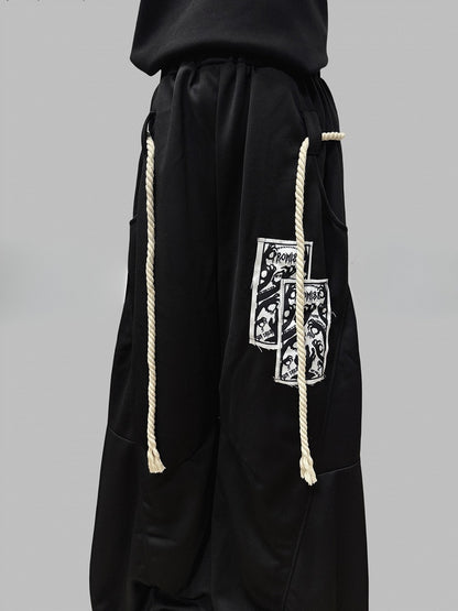 Accessory Applique Wide-leg Strap Pants Black Cut with Hand Y2K
