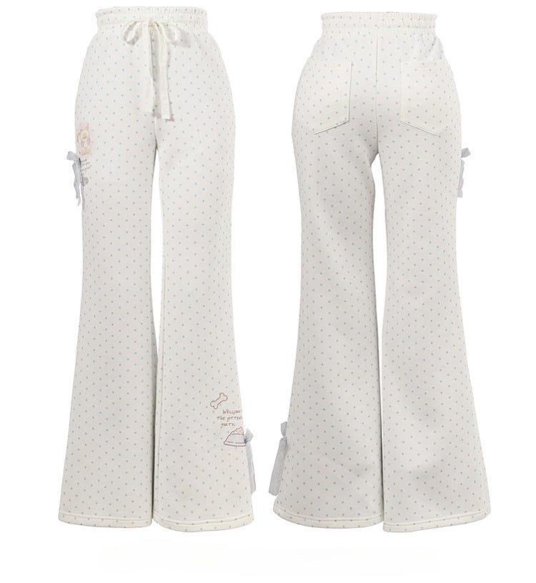 Weiß-blaue Schlaghose, normale/lange Version, gepunktete Spitzenschleife, bezaubernder Kätzchendruck