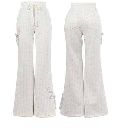 Weiß-blaue Schlaghose, normale/lange Version, gepunktete Spitzenschleife, bezaubernder Kätzchendruck