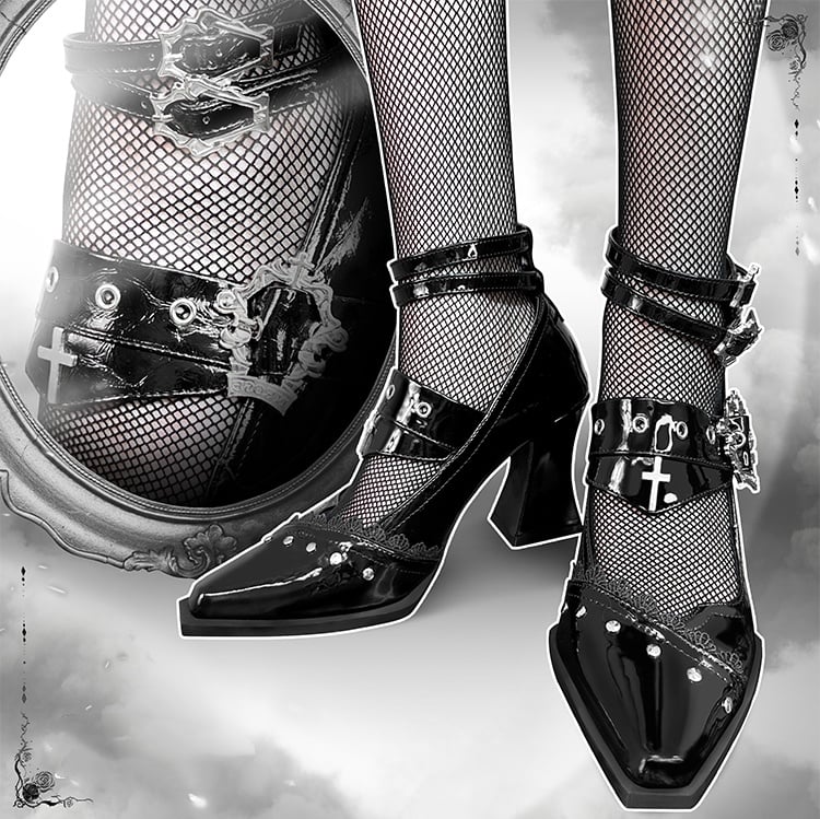 Gothic Spitz Kreuz Punk Heels Sarg Metall in Schnallen Schwarz Block und Poliert 8,5/5cm mit