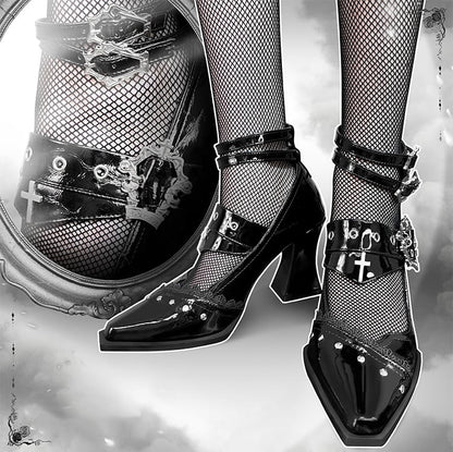 Gothic Spitz Kreuz Punk Heels Sarg Metall in Schnallen Schwarz Block und Poliert 8,5/5cm mit