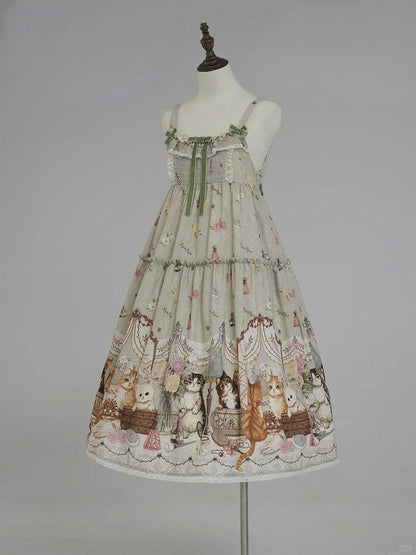 Green Cat Print High Waist Sweet Lolita Jumper Skirt - NyaNya