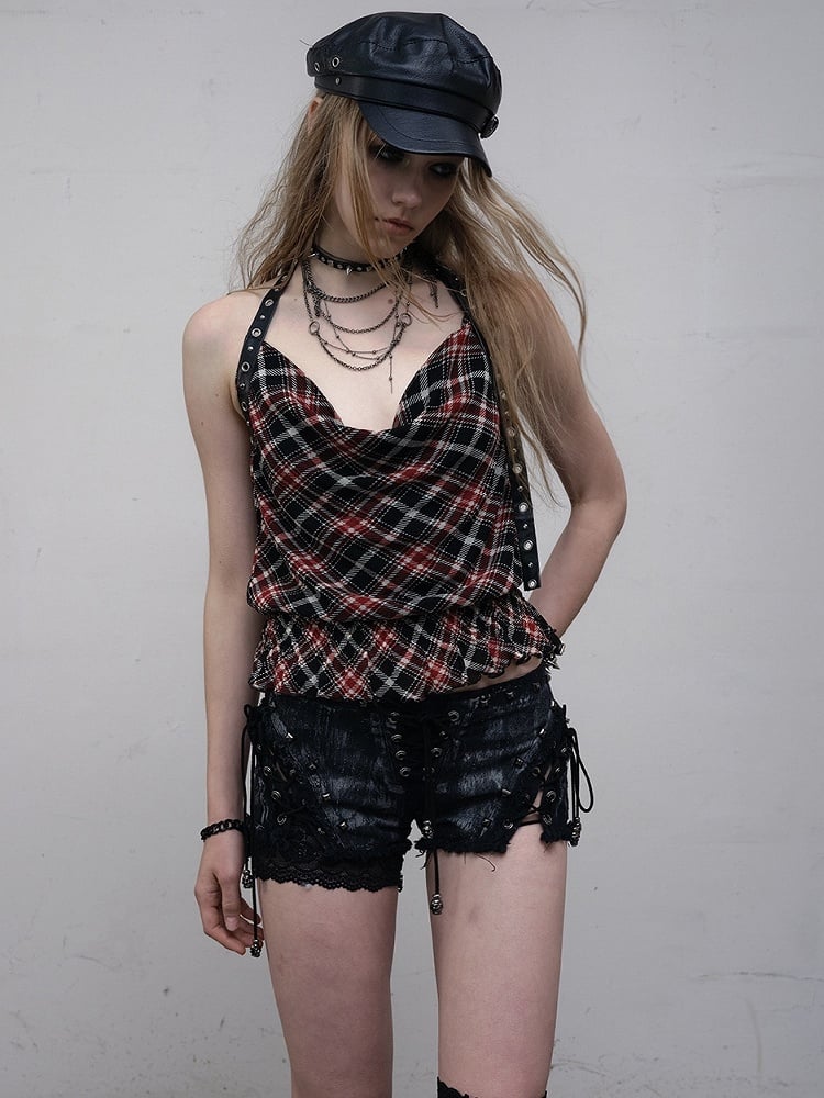Punk Wasteland Neckholder Top Halsausschnitt Trim Muster SchwarzRot Glamourös Plaid Rüschen Kapuze