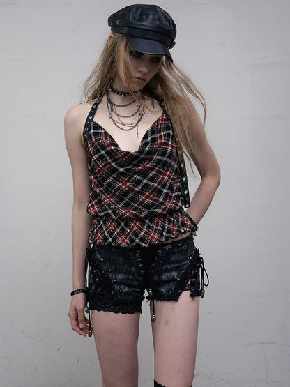 Punk Wasteland Neckholder Top Halsausschnitt Trim Muster SchwarzRot Glamourös Plaid Rüschen Kapuze