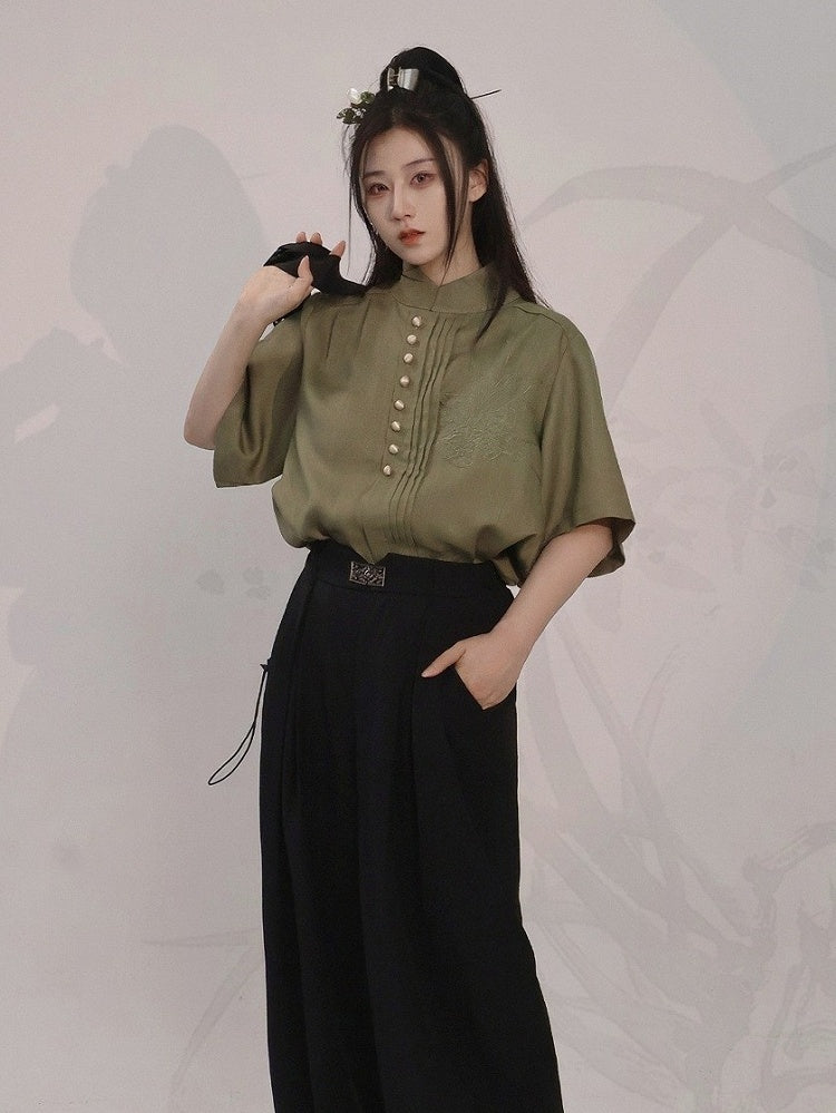 Green Tencel Short Sleeve Shirt with Pleats & Clivia Pattern - Feng Hua Gui Guo Ling