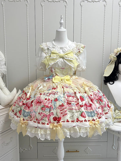 Cherry and Print Yellow Jumper Skirt Bow Accents Lolita Strawberry Sweet