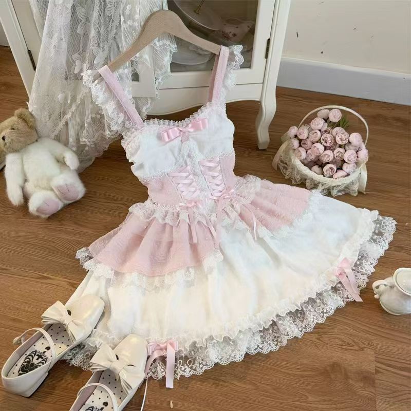 Lolita Sweet Princess Lace JSK Cake Dress – Ballet Bow Suspender Gown