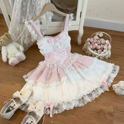 Lolita Sweet Princess Lace JSK Cake Dress – Ballet Bow Suspender Gown