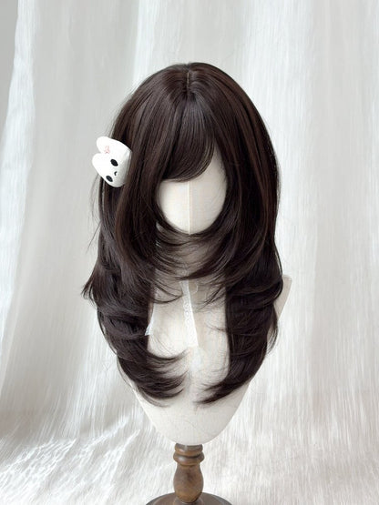 Black Tea Long Straight Wig with Side-swept Bangs - Sleepy Fish