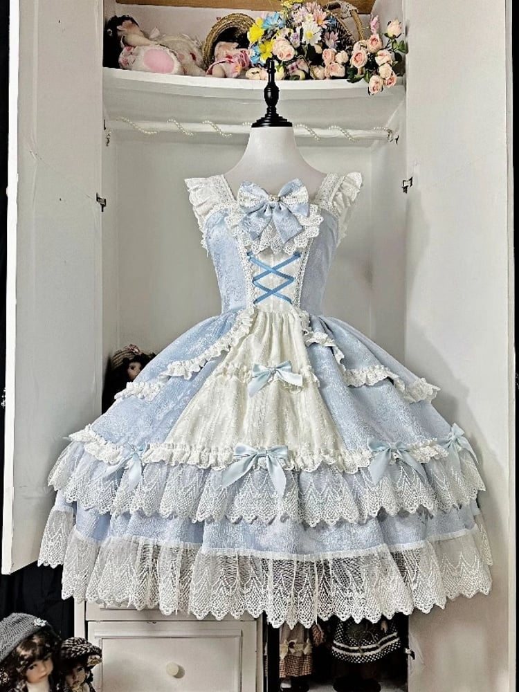 Blau-weißes Old School Lolita Fashion Kleid mit Schleife und Details, JSK-Set