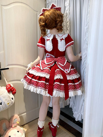 赤い耳の襟、甘いロリータドレス、ドット柄のバニー、水玉模様のアクセント、リボンバック
