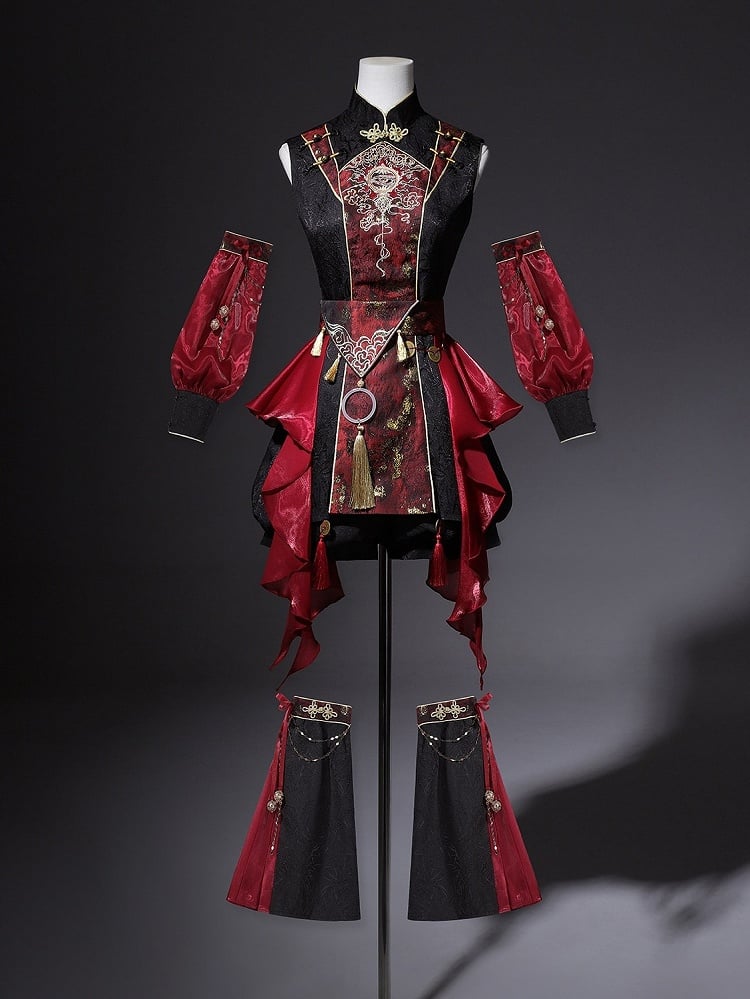 Chinese Martial Arts Outfit in Black and Red with Asymmetric Hem Top, Shorts, Leg Warmers & Arm Sleeves - Xiong Dou Jiang