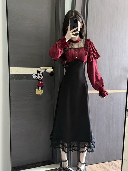 Long-Sleeve Dress Panel Jirai Black Kei Lace Ruffled Design Red