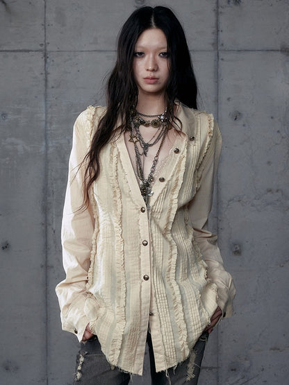with Punk Distressed Light Blouse V-Neck Pintuck Pleats Khaki Wasteland Hem