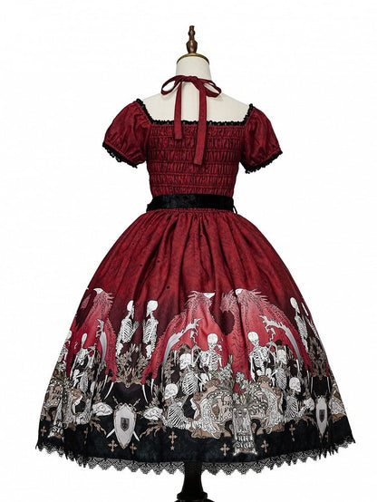 Lace Trim Black Dress Red Lolita and with Cross Print Skeleton Gothic