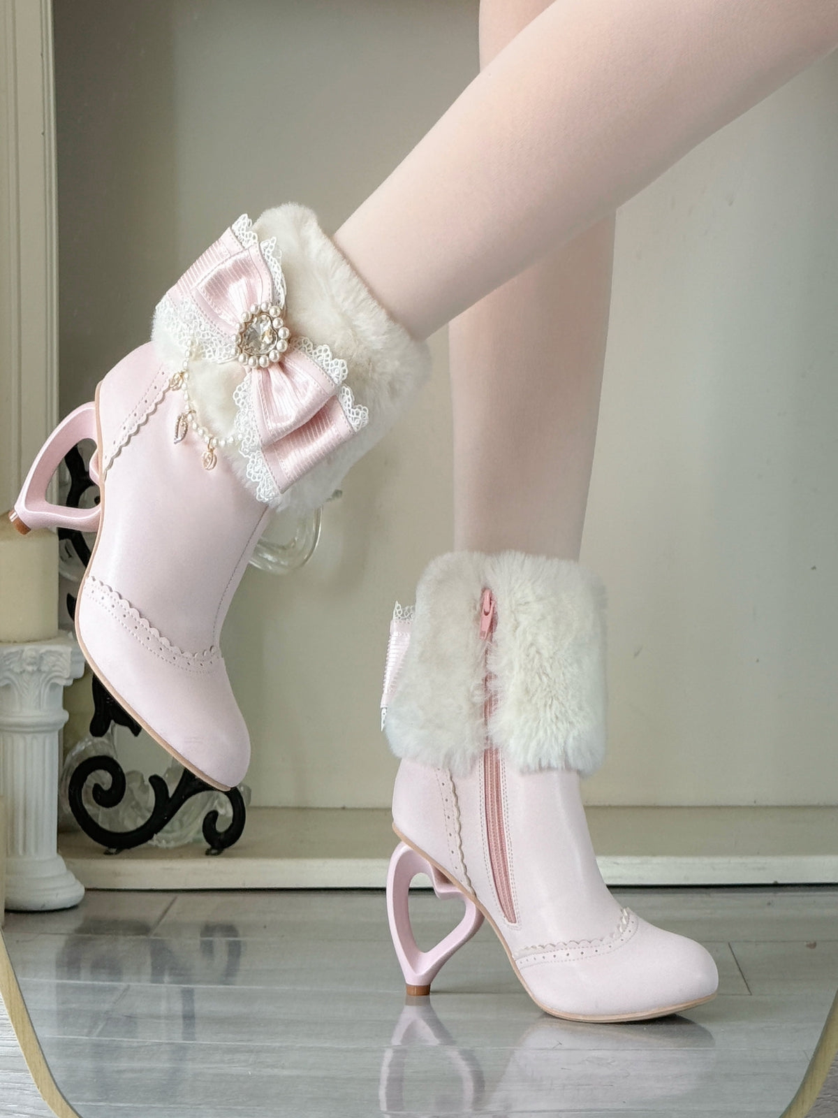 Heart-Shaped Heel Sweet Bow High Heel Ankle Boots BE008