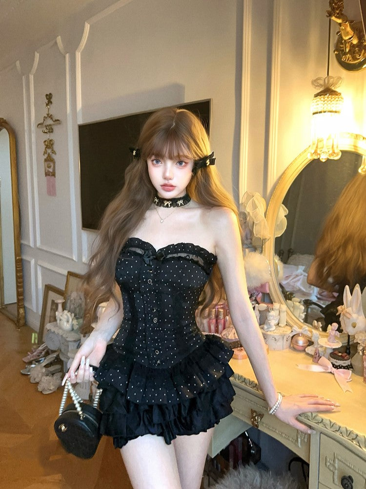 Korsett Stickerei Schleife Schwarz Spitze Bustier Mit Abnehmbaren Blumen Rüschen