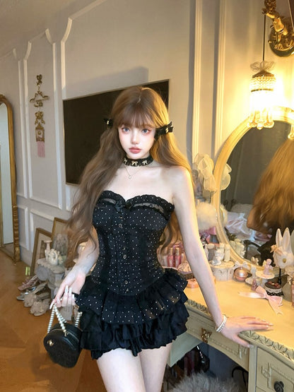 Korsett Stickerei Schleife Schwarz Spitze Bustier Mit Abnehmbaren Blumen Rüschen