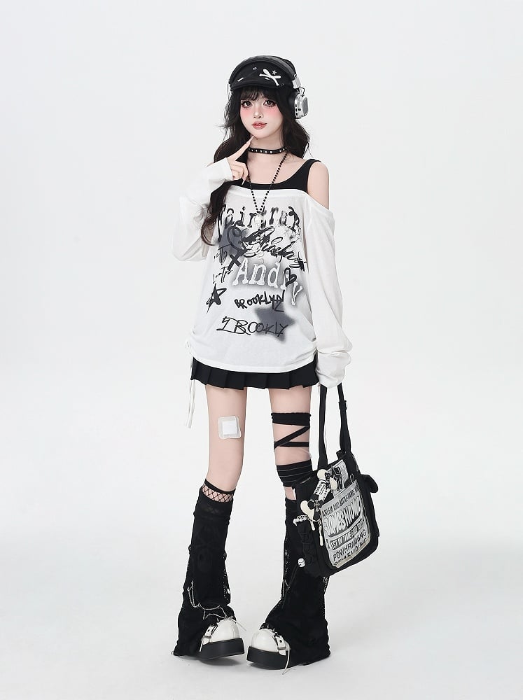 Star Y2K Print Offene Schulter Schwarz/Weiß Top Faux Zweiteiler