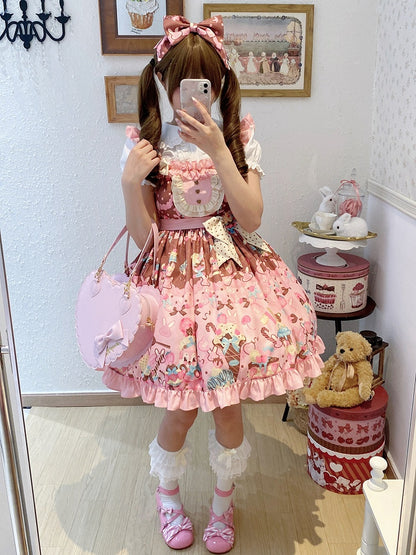 und Taille Rosa Süßes Lolita Bunny Kleid mit hohem Aufdruck Dessert