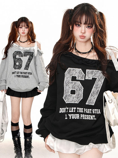 ブラック/グレー レースアップリケ アシンメトリーネックライン スウェットシャツ