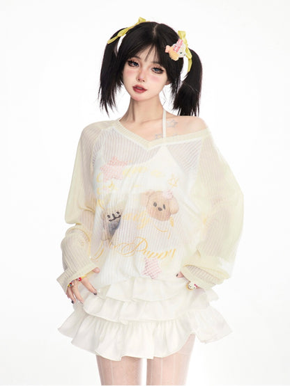 イエローのセミシアーカバーアップデザイン ベアプリント Vネック キュートカラーブロック