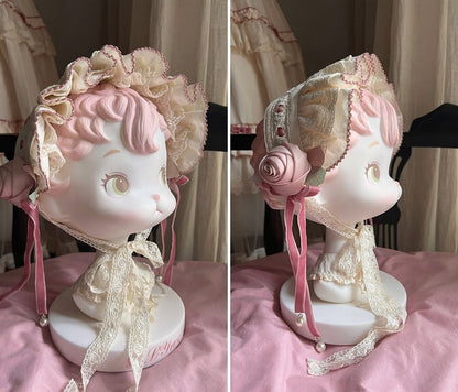 Cream & Pink Frilled Sweet Lolita Headband with Fabric Rose Decor - Bodhi Original Design