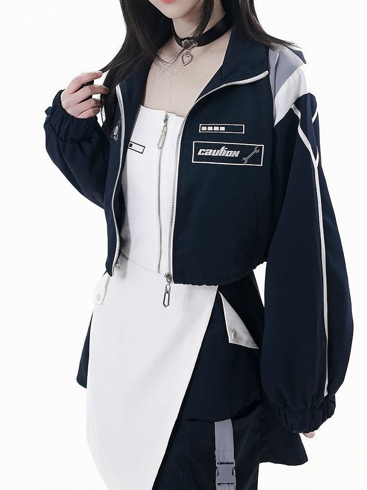 Warning | Jacket Blue Dark Zip-Up Bars Techwear Embroidered Progress Signs