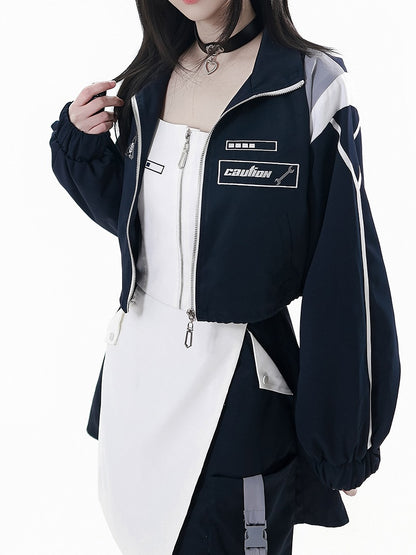 Warning | Jacket Blue Dark Zip-Up Bars Techwear Embroidered Progress Signs