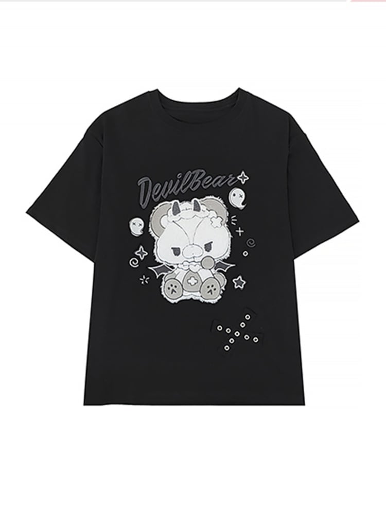 ブラック イービル キティ プリント Tシャツ
