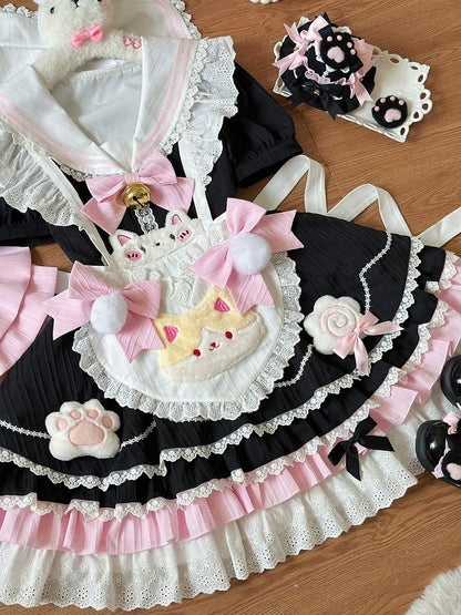 mit Maid Pink Matrosenkragen Schürze Herz Lolita Schwarz und süßem Kleid Kitty