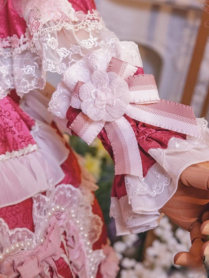 Pink Bow Lolita Wrist Light Lace-Trimmed Pink/Rose with and Cuffs Flower Accents