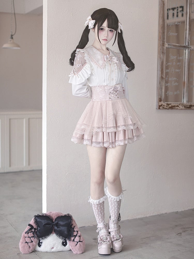 Jirai Cutouts Delicate with Blouse and Kei Sweetness White Pink Lace Flat Collar Pointed