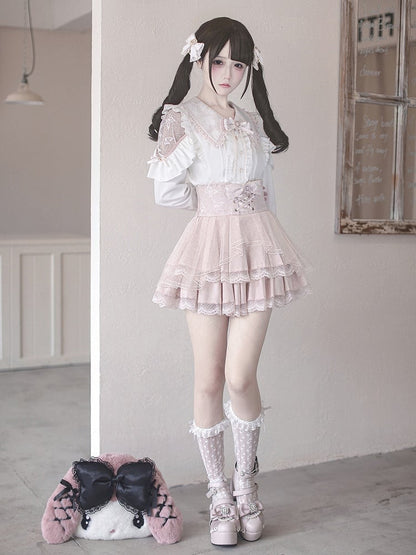 Jirai Cutouts Delicate with Blouse and Kei Sweetness White Pink Lace Flat Collar Pointed