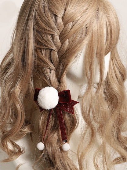 Sweet Lolita Red Velvet Glitter Bowknot Pom-Pom Hairclip
