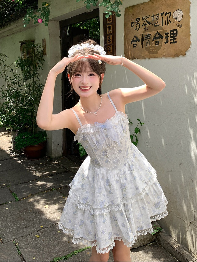 Short Skirt Floral Light Blue Lace Trim Tiered Cami Dress with Version Back Lace-up
