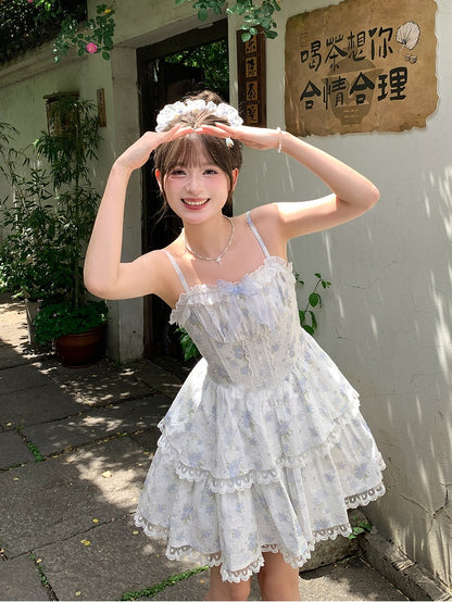 Short Skirt Floral Light Blue Lace Trim Tiered Cami Dress with Version Back Lace-up