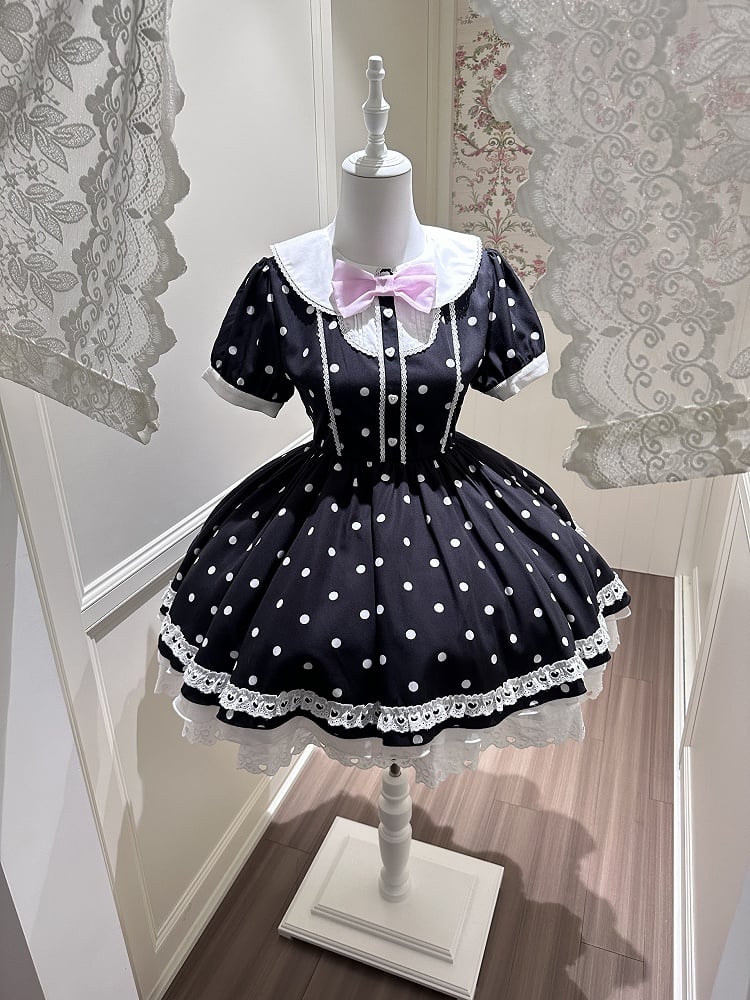 Lace 	Peter Trim Collar Bow Dot Polka Pink with Black Dress Heart Pan Cut-Out