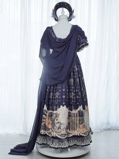 Elegant Unicorn OP Night Starry Blue Dark Set Full Empire Print Waist Lolita