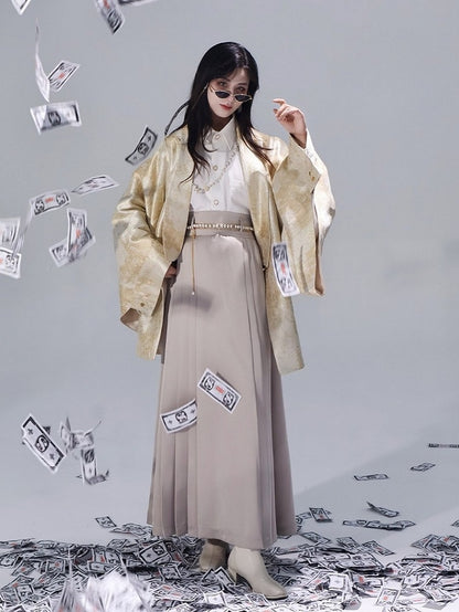 Sleeve Snap with Rear Style Chinese Unisex Practical Slit Closures Blazer Golden