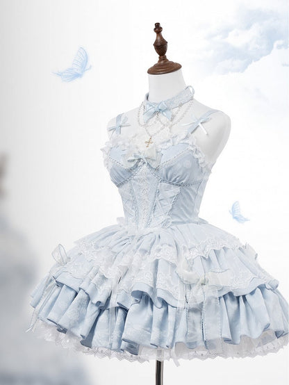 Light Blue Boned Corset Waist Layered Dress Balletcore Lolita Jumper Skirt