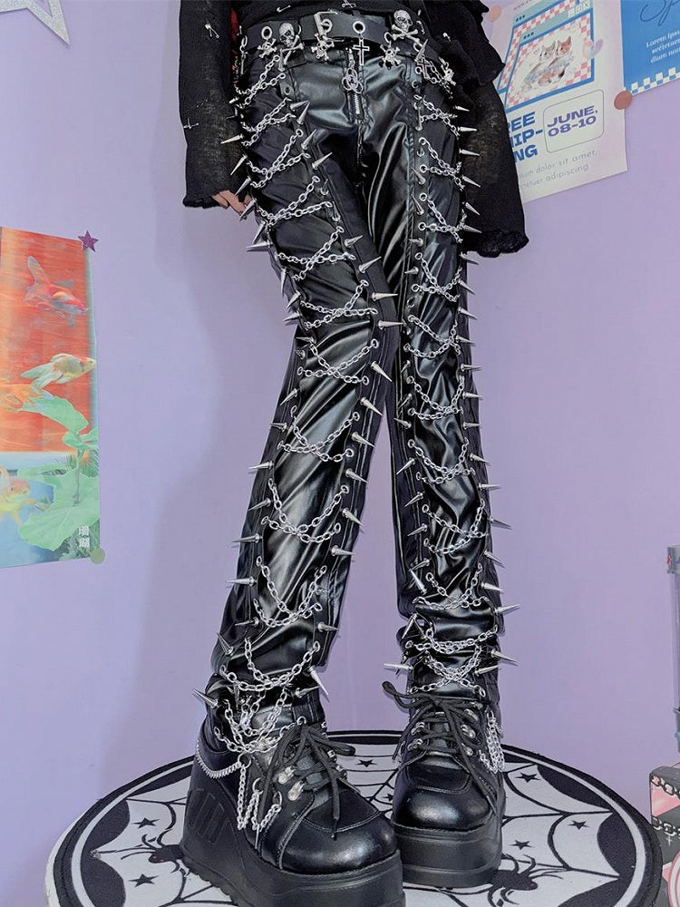 Black PU Decorated Studs Trousers Punk Chain Cross And