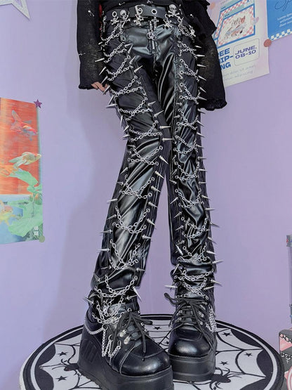 Black PU Decorated Studs Trousers Punk Chain Cross And