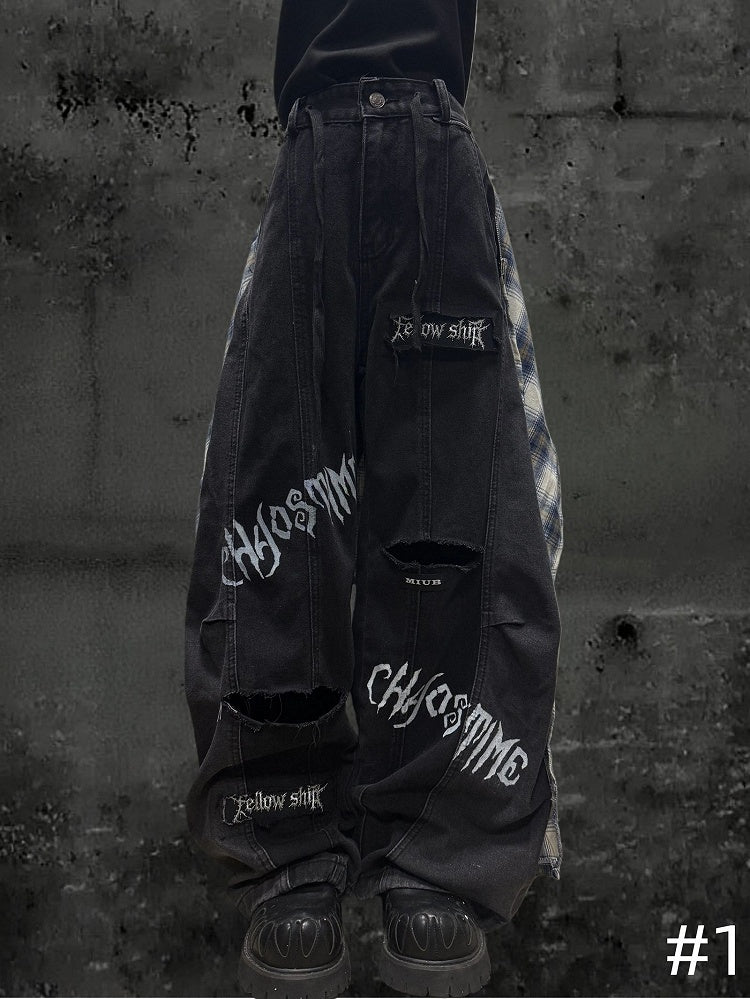 Letter Distressed Black Pattern Two-piece with Y2K Holes Jeans Wide-leg
