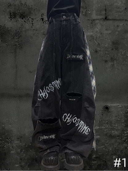 Letter Distressed Black Pattern Two-piece with Y2K Holes Jeans Wide-leg