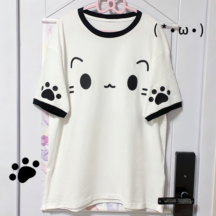 Cotton Print Crewneck Design T-shirt White with Emoji Paw Cat