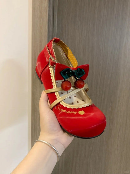 Crisscross Design Low-heel Heart-shaped Shoes Lolita Closure Snap Sweet - Red